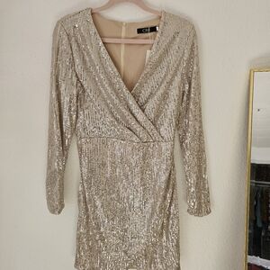 CBR Silver Sequined Formal Xlarge Mini Dress Long Sleeve New With Tags